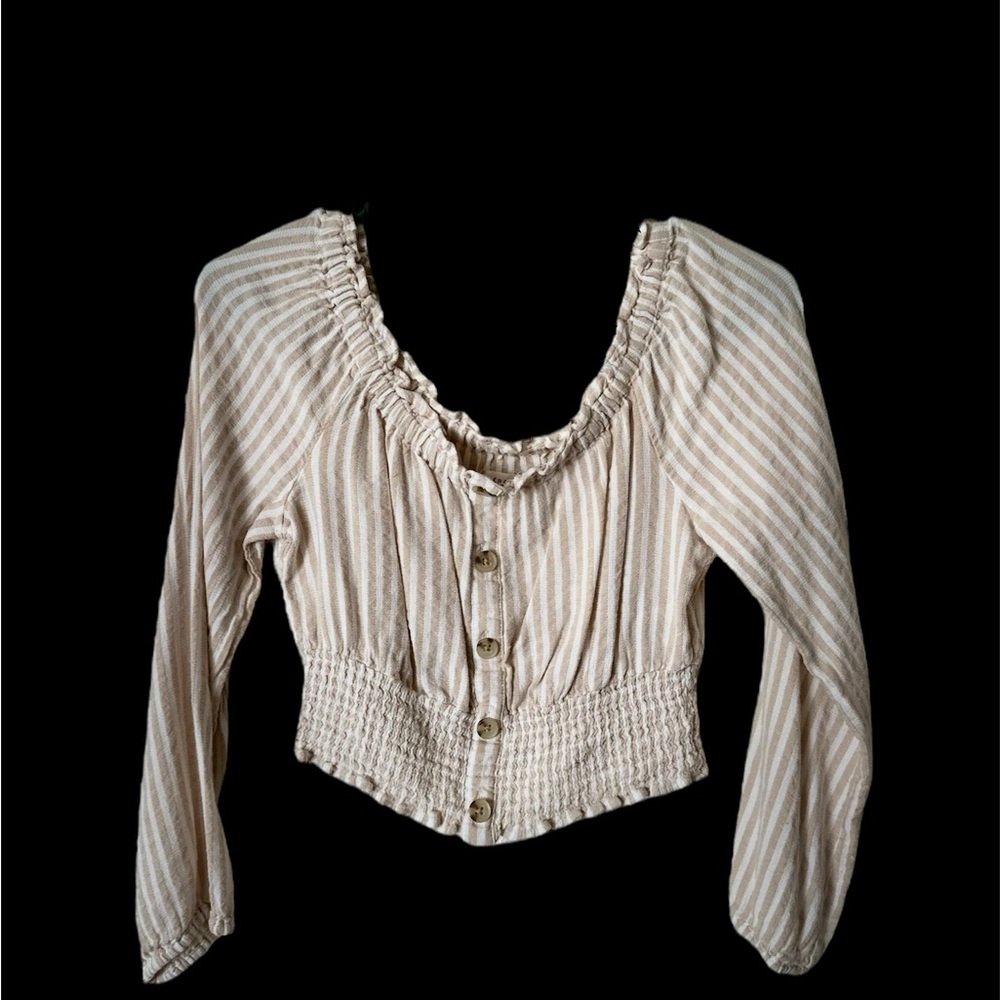 Striped Cream Button-Up Women's Top